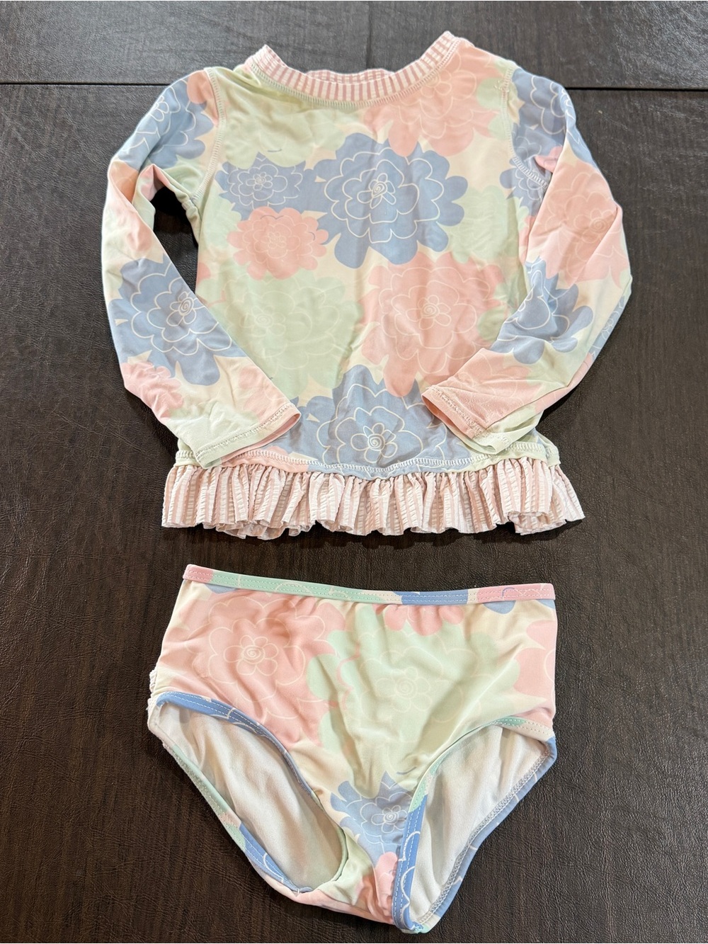 Girls Floral Ruffle Butts Rash Guard Swimsuit Set - Pastel Pink, Blue, Mint Sz 5